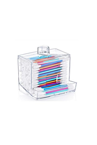 AKGÜNEY Transparent Round Cotton Holder And Cotton Swab Box Bathroom Organizer