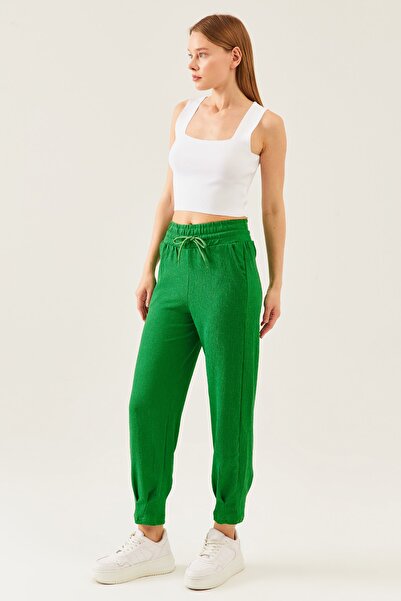 schlank Ženske zelene Visok struk elastične nogavice Nabrano seersucker panta...