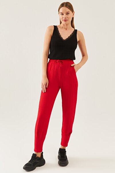 schlank Ženske crvene Visok struk elastične nogavice Nabrano seersucker panta...