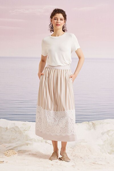 EsEs Boutique Çizgili Dantelli Etek Bej
