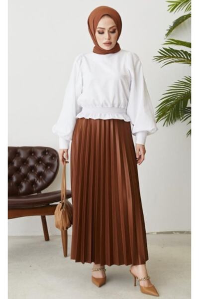 ZY BUTİK LIGHT BROWN LEATHER LOOK PLEATED LONG SKIRT