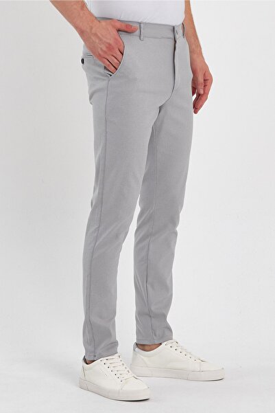 MODAMESTO بنطال دوبي تشينو القطني ذو قصة ضيقة باللون الرمادي الفاتح للرجال