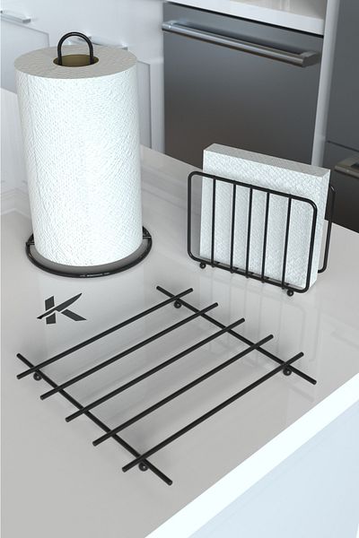 KARTEYA Service Presentation Set Towel Holder Napkin Holder Trivet Full Shiny Stainless Steel Set of 3 Kitchen