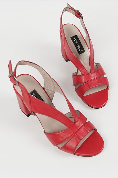 TUNAELLİ WOMEN'S RED GENUINE NATURAL LEATHER HEELED SANDALS, NUMBER 35-40