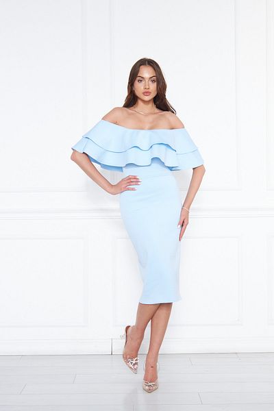 NO48 Baby Blue Boat λαιμόκοψη βολάν Λεπτομέρεια ελαστικό ύφασμα Off Shoulder Μίντι βραδινό φόρεμα μολύβι