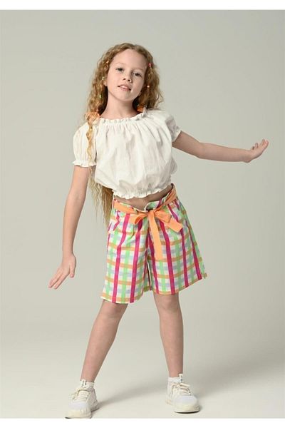Çikoby Girl's Cotton Crop Off-the-Shoulder Checkered Woven Shorts Set