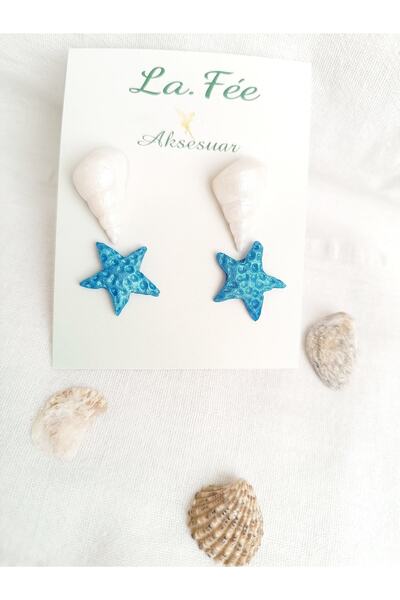 La fee aksesuar Set of 2 Blue Starfish Handmade Polymer Clay Earrings