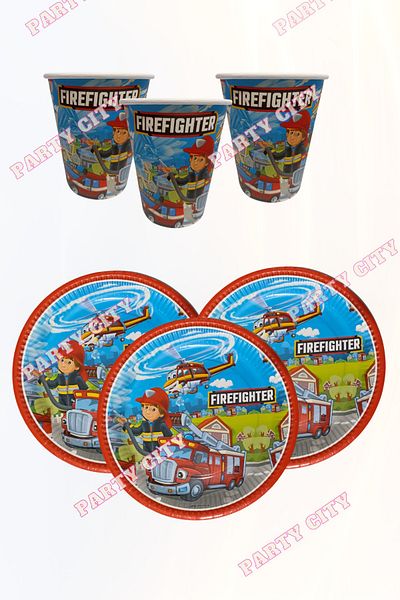 Party City Firefighters Fire Department Themed Birthday Cardboard Plate Cup Set for 8 People