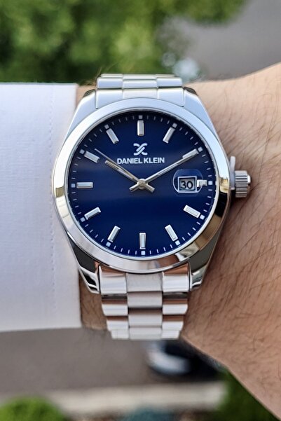 Daniel Klein Men's Calendar Wristwatch with Navy Blue Cord Silver Color