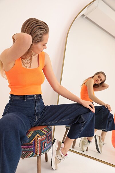 pier moda Knitwear Fabric Square Collar Women's Crop Orange Color-Blouse