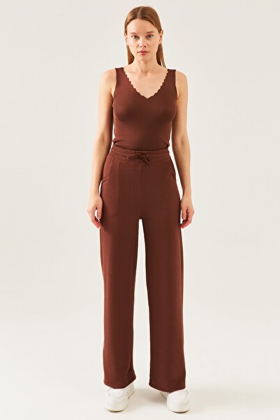 schlank Γυναικεία καφέ αμάνικη μπλούζα με χοντρό λουράκι με γιακά καλοκαιρινή μπλούζα πλεκτό