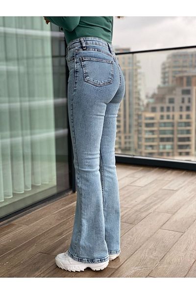 DRC trend Jessica Ice Snow Blugi spanioli albastri cu talie înaltă Blugi evazați cu spălare a zăpezii Pantaloni din denim