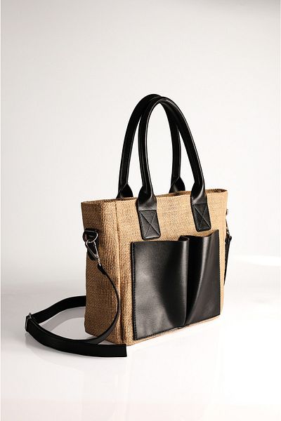 Rimense Women's Straw Black Pocketed Long Strap Lined Medium Bag