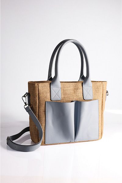 Rimense Women's Straw Blue Pocket Long Strap Lined Medium Size Tote Bag