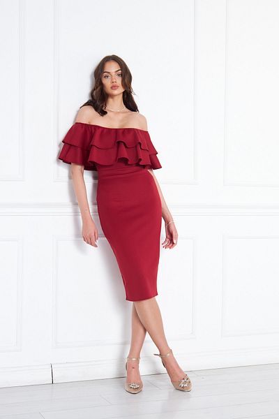 NO48 Burgundy Boat Neck Ruffle Detail Stretch Fabric Off Shoulder Midi Length Evening Dress Pencil Dress