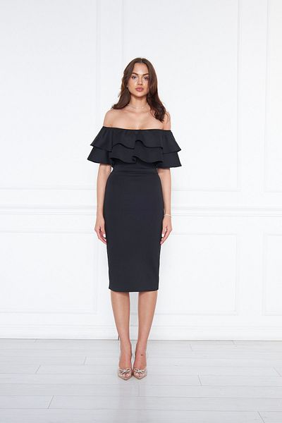 NO48 Black Boat Neck Ruffle Detail Stretch Fabric Off Shoulder Midi Length Evening Dress Pencil Dress