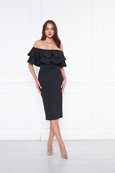 NO48 Rochie de seară cu volan, cu decolteu barcă neagră, țesătură elastică, fără umăr, rochie creion