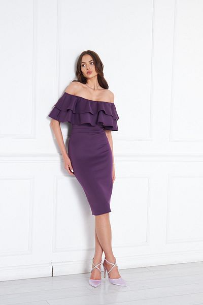 NO48 Plum Boat Neck Ruffle Detail Stretchy Fabric Off Shoulder Midi Length Evening Pencil Dress