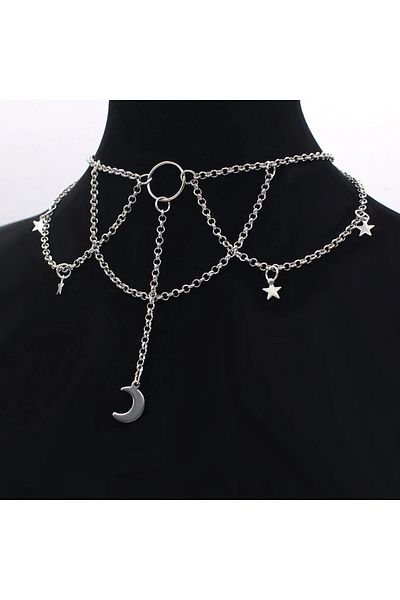Köstebek Gothic Choker Necklace with Crescent and Star Chain