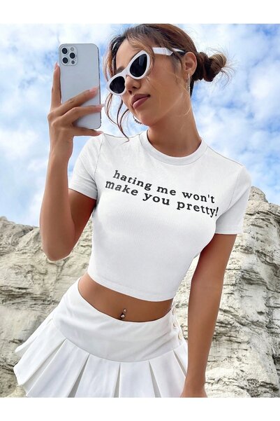 Jose Clothing Γυναικεία Crop μπλούζα με κοντομάνικο εμπριμέ σε λευκό χρώμα