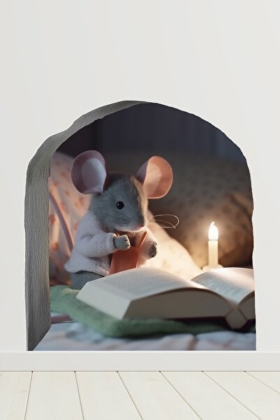 Echo Home Fare Deliği Sticker Mum Işığında Kitap Okuyan Sevimli Fare