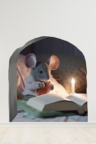 Echo Home Fare Deliği Sticker Mum Işığında Kitap Okuyan Sevimli Fare