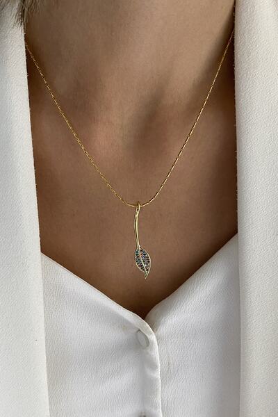 Bonnjerra Jewellery Altın Kaplama Yılan Zincir Renkli Zirkon Taşlı Yaprak Kolye