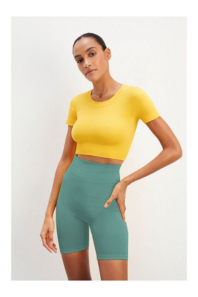 MİSTİRİK Felolin Model Tricotat Pantaloni scurți fără cusături Pantaloni scurți Biker Pantaloni scurți de colecție cu talie înaltă Culoare Albastru