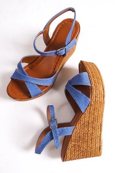 Modabuymus Luipa Blue Wedge Heeled Sandals - Cross Strap Denim