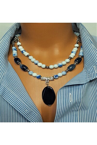 Asteria Elite Lacivert Aklk Beyaz Akik Kaplama Boncuklu İki Sıralı Kolye