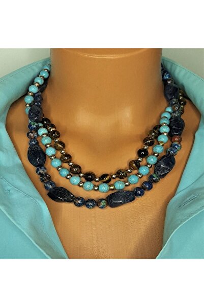 Asteria Elite قلادة ثلاثية الصفوف قابلة للفصل من اللازورد الفيروزي وعين النمر...