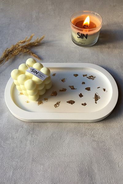 sin istanbul Gold Detail Oval Concrete Plate White