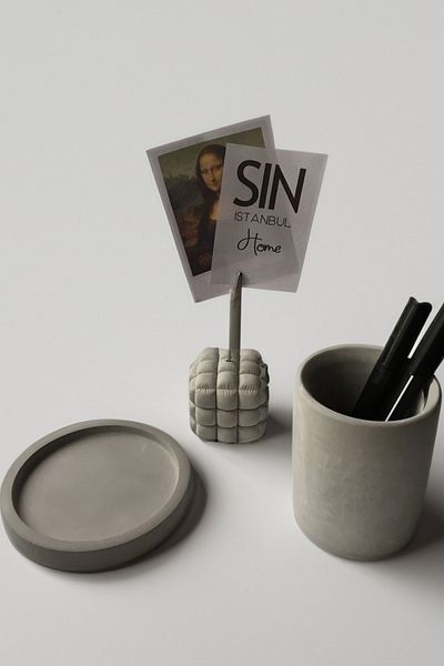 sin istanbul Gray Concrete Office Set of 3, Desktop Organizer - Pen Holder, Coaster, Note Holder