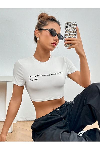 Jose Clothing Λευκό εμπριμέ γυναικείο Crop Top - Κοντό μανίκι που εφαρμόζει στο σώμα