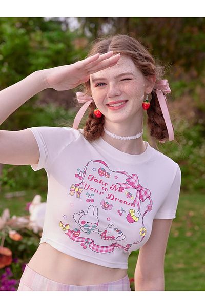 Jose Clothing Top crop cu mânecă scurtă cu imprimeu alb pentru femei