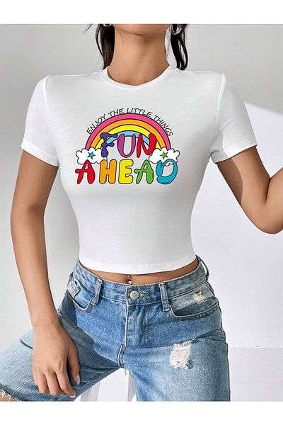Jose Clothing Λευκό εμπριμέ γυναικείο Crop Top - Κοντό μανίκι που εφαρμόζει στο σώμα