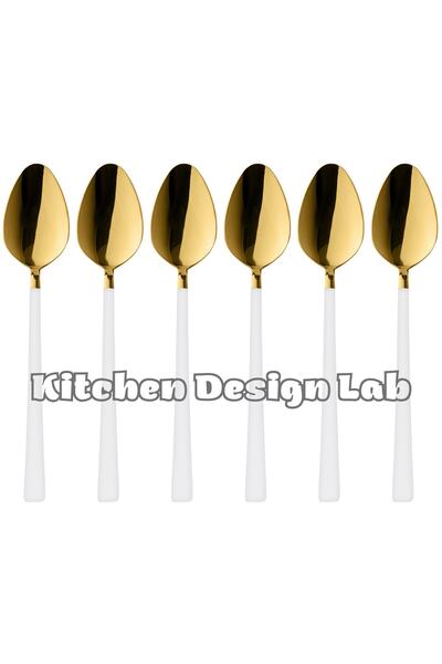 Kitchen Design Lab Parlak Gold Beyaz Tatlı Ve Dondurma Kaşığı 6 Adet,kutulu,paslanmaz Çelik Kahvaltı Kaşık Seti 6 Adet