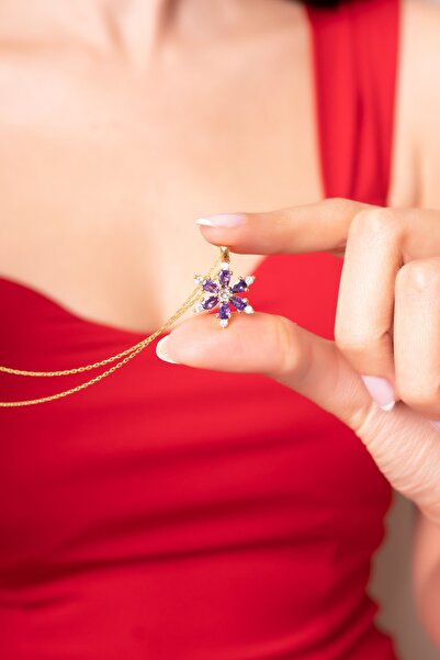 Ayenci 925 Ayar Gümüş Zincirli Mor Taşlı Kamelya Çiçeği Gold Rodyumlu Zirkon ...