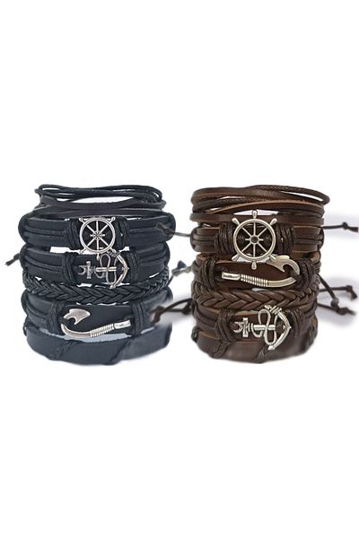 BSN Store 2 SET 12 PIECES BLACK/BROWN SAILOR COMBIN GENUINE LEATHER BRACELET