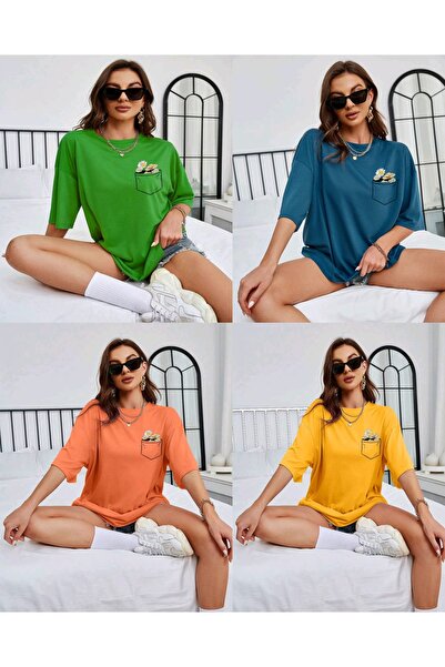 FAVORİST تي شيرت 4 في 1 مطبوع عليه زهور للجنسين مقاس كبير