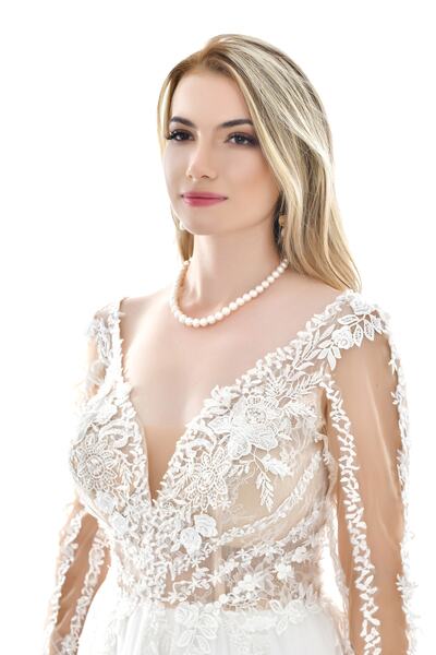 Kulis Beyaz V Yaka Uzun Kollu Güpürlü Yırtmaçlı Abiye & Nikah Elbisesi & Gelinlik