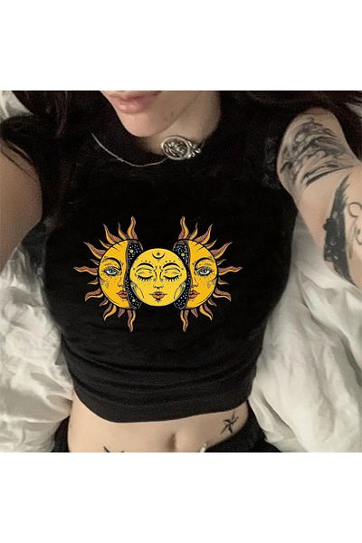 Touz zolid ρούχα Μαύρο Crop Σχέδιο Ήλιου και Σελήνης Sunshine