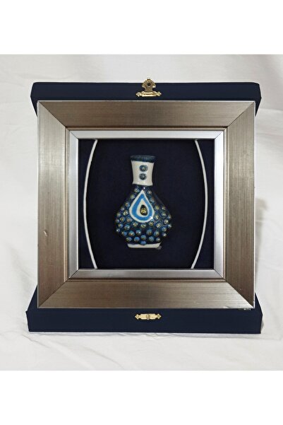 Elma Hediyelik Kadife Kutulu Turkuaz Vazo Çini Çerçeveli Dekoratif Duvar Tabl...