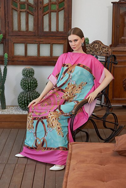 Marina Boutique Pembe Turkuaz Detaylı Krep Kumaş Abaya