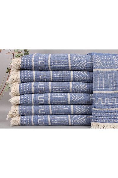 Kayra Export Saks Blue Table Blanket, Pique, 140x190 cm Cotton Blanket, Sofa Blanket, Hand Woven Pique Blanket,