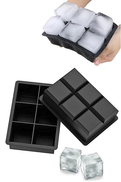 SAVORYHOME 6 Compartment Large Size Silicone Ice Mold - 6 Pieces Black Silicone Square Ice Tray Cocktail Presentation Ice Mold