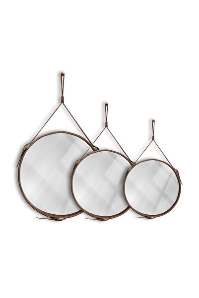 pachamama El Yapımı Hakiki Deri Kahve Adnet Ayna 45 Cm