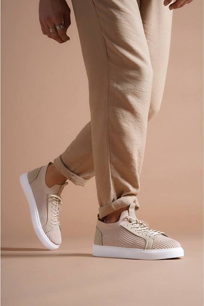 Joy Man J112 Lace-Up Orthopedic Sole Knitwear Ανδρικά αθλητικά παπούτσια BT Beige
