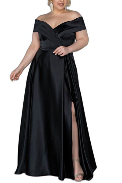 Arden Büyük Beden Uzun Abiye, Siyah, Saks, Mor Saten Omuzu Açık, Kloş Yırtmaç...