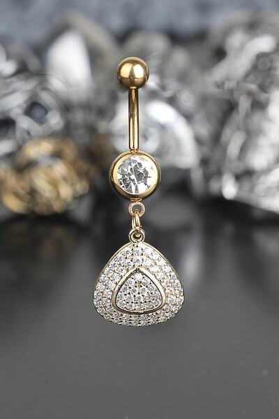 Valhalla Yeni Sezon 316L Cerrahi Çelik Özel Üretim Sallantılı Zirkon Taş Üçgen Göbek Piercing Gold